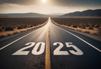 View of a landscape with a road running through it in the center reaching to the horizon. The writing 2024 on the asphalt - New Year and business concept