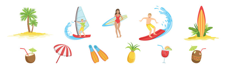 Man and Woman Surfer Character with Surfboard Vector Set