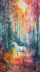 Enchanting watercolor illustration of a mythical unicorn in a magical autumn forest with vibrant sunset colors, ideal as a fairytale book background or a fantasy-themed design element
