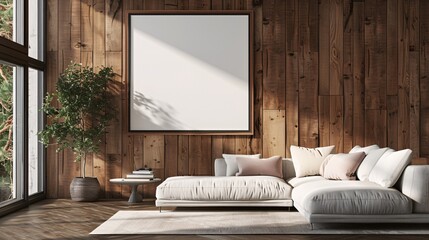 architecture photography of a blank frame on the wall a modern living room with wood panels on the wall,