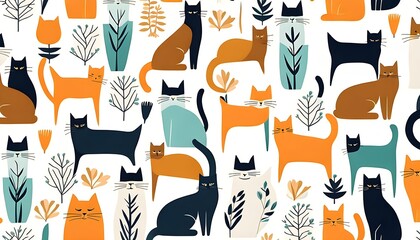 Cat Pattern in Scandinavian Art Style Background Wallpaper