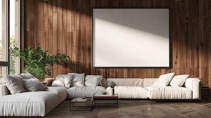 architecture photography of a blank frame on the wall a modern living room with wood panels on the wall,