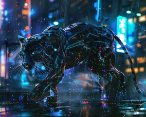 Sleek cyber enhanced panther with laser eyes stealthily navigating a futuristic urban jungle neon reflections - obrazy, fototapety, plakaty