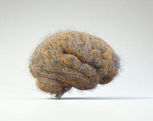Brain filled with wires suggesting the complexity of the human mind or brainstorm.