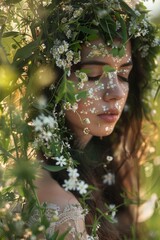 Dawnflower dryad a guardian of meadows her hair and skin blooming with morning flowers basking in the first light of day - obrazy, fototapety, plakaty