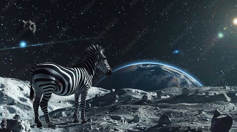 Canvas Prints a zebra standing on the moon during a landing, with a pulsar flashing in the distance and a whale-sh