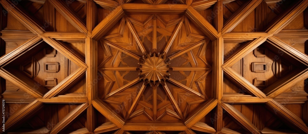 Sticker A closeup of a brown wooden ceiling with a symmetrical pattern of tints and shades, resembling artwork. The pattern consists of circles and rims, with a touch of metal detailing