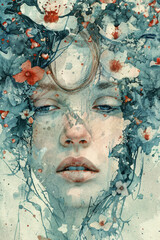 Artistic watercolor depiction of a serene female face merged with floral elements in a cool color palette, ideal for creative backgrounds or concepts related to nature and femininity