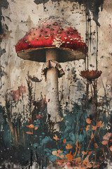 Watercolor illustration of a vibrant red mushroom in a mystical forest, with room for text, ideal for storybook backgrounds and fairy tale themes