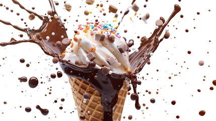 chocolate ice cream cone with chocolate icing and sprinkles explosion isolated on transparent...