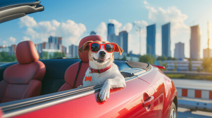 happy fashion puppy dog wearing red sun glasses on red sport car with open window travel trip with fun in city during vacation with view of city behind