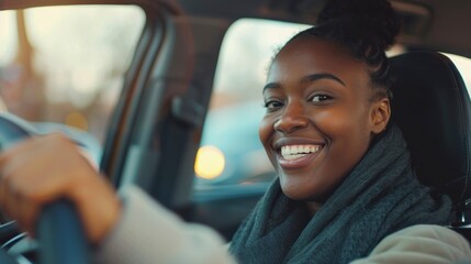 beautiful brunette woman driving a car on the street at daytime in high resolution