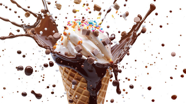 chocolate ice cream cone with chocolate icing and sprinkles explosion isolated on transparent background, ice cream cone for advertising banner, Promotion, Marketing