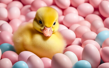 A duck is sitting in a pile of pink and blue eggs. Concept of innocence and playfulness, as the duck appears to be enjoying its surroundings