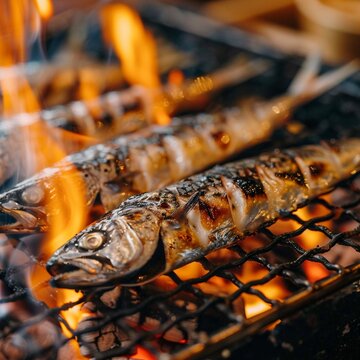 Close-up of Pacific saury on the grill flames licking the fish