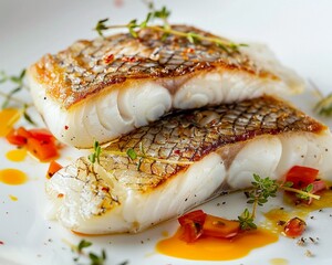 Elegant flounder and sea bass fillets prepared for a high-end culinary feast - obrazy, fototapety, plakaty