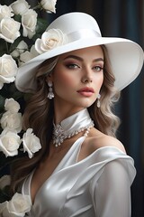 Close-up of a Stylish Elegant Woman in a High-fashion White Hat with Wide Brims, Flawless Face and Makeup, Clad in Pure White, Adorned with Exquisite Jewelry, White Roses, Absolutely Outstanding Look.