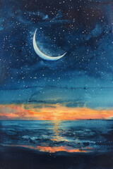 Obraz na płótnie Canvas Mystical crescent moon over a serene sea at twilight, with a vibrant watercolor sky blending into sunset, ideal for background with space for text