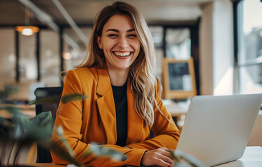laughing blond woman on laptop at work wearing orange jacket	