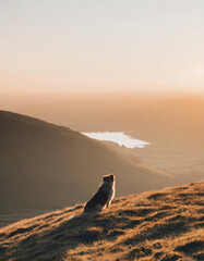 A dog sat on top of a mountain looking at the view in the English countryside - 757296755