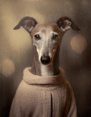 A whippet dog in a knitted jumper - 757296774