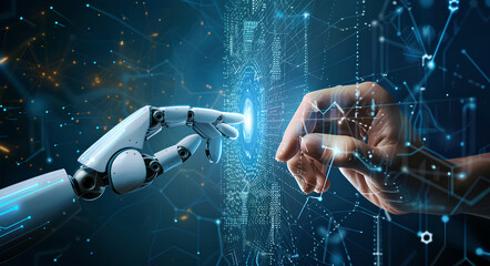 Artificial intelligence connection. Cyberspace. Concept network.Hands of robot and human touching on a blue background.