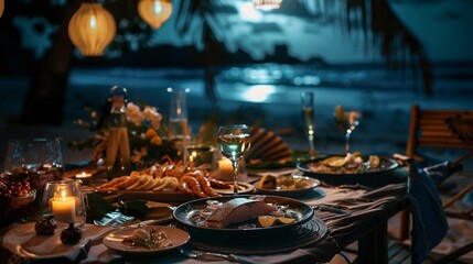 Fototapeta na wymiar Moonlit beach dinner setting with a focus on a seafood platter including succulent tuna and salmon