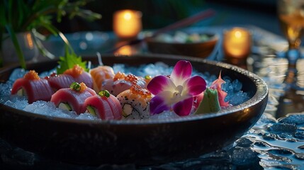 Moonlit sushi date with tuna and salmon glowing under a romantic light