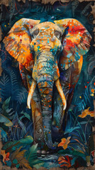 Vividly colored artwork of an elephant with tropical foliage, ideal for backgrounds and environmental conservation themes, with ample space for text