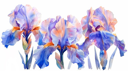 Watercolor painting of beautiful irises, botany art concept, white background  - obrazy, fototapety, plakaty