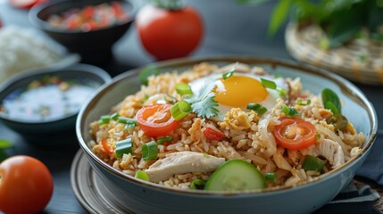 Traditional Khao Pad Thai fried rice with chicken