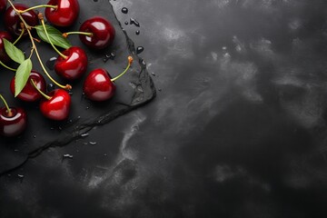 Ripe cherry on dark stone background with text space, fresh summer fruit concept. Flat lay, top view