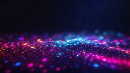 Digital big data concept with neon dots floating in cyberspace. Colorful connecting dots and waves in the dark background