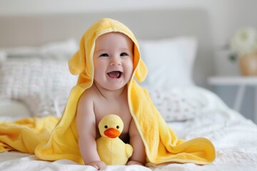 Happy laughing baby wearing yellow hooded duck towel sitting on bed after shower.