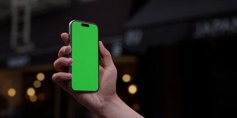Hand holding a smartphone with a green screen on an urban city street background - 757297756