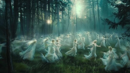Fairy Circle Twilight. ethereal beings dancing in an ancient European forest - obrazy, fototapety, plakaty