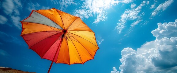 Brightly colored beach umbrellas contrast with the blue sky and natural light. Bright colors, airy, summer sunshine, relaxing places. Generative AI