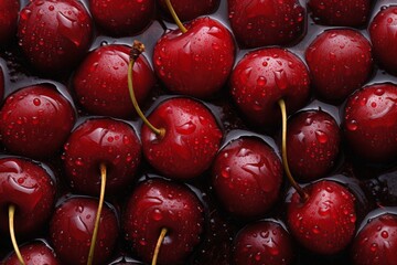 Ripe cherries covered in water drops, fresh fruit background, organic healthy food concept. Top view