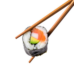 Chopsticks holding sushi isolated on transparent background Generative Ai