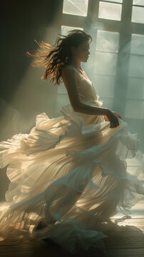 blurred fashion photography of beautiful woman in dress, soft ligh, photo made in motion with grainy gradient,ai