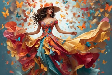 Spanish Beauty with Butterflies. Dancing woman - obrazy, fototapety, plakaty