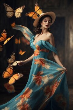 Spanish Beauty with Butterflies. Dancing woman
