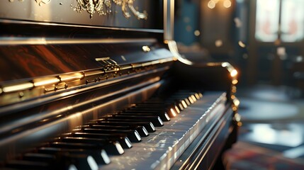 Elegant grand piano in a sunlit room, focus on keys with beautiful bokeh. classic instrument for sophisticated music. ideal for artistic graphics and backgrounds. AI