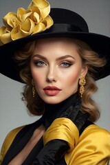 Lady in Yellow: Elegant Look. Woman with Hat: Fashionable Style