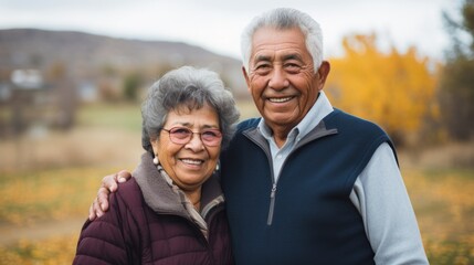 Closeup portrait, retired couple in casual shirt and dress holding each other smiling,enjoying life together, outside green trees background.