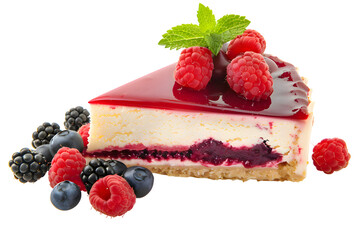 Piece of cheesecake with berries and mint isolated on transparent background