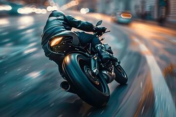 Picture of racing motorcycle with dynamic speed light trails in urban