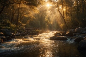 Enchanted Golden Glow: River in the Forest Under the Sparkling Sky - obrazy, fototapety, plakaty