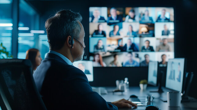 Back view image of a man in a  virtual meeting in progress, with individuals gathered around their respective screens engaged in a video conference, displaying collaboration and teamwork