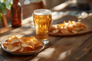 A glass of beer and a plate of chips sit on a wooden table - obrazy, fototapety, plakaty